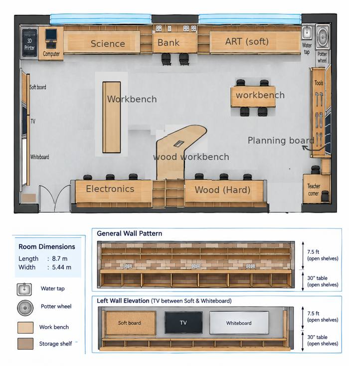 Sample T-LAB floor plan, 8.7 by 5.44 metres, with science, bank, art, electronics and wood zones, workbenches, a tool wall and a planning board